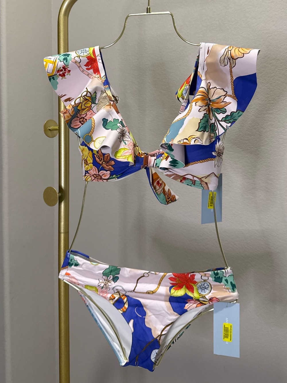 ANTONIO MELANI Blue and Pink Floral Ruffle Tie Bikini